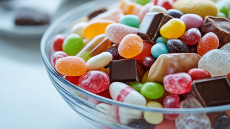 A close-up of a candy dish filled with a mix of candies like jelly beans, chocolates, and mints, set on a white surface, showcasing an assortment of sweet treatsの素材
