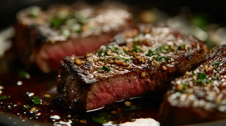 A close-up of a juicy steak with a beautifully seared crust and tender interior, garnished with fresh herbs and accompanied by a rich sauce.の素材