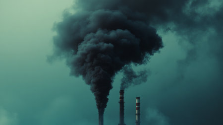 A close-up of a factory spewing thick black smoke into the atmosphere, illustrating the industrial contribution to global warming and the urgent need for cleaner energy.の素材