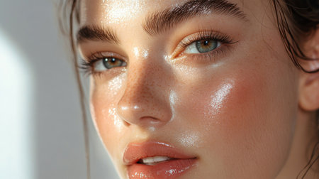 A close-up of a woman face with dewy, natural-looking makeup, highlighting her radiant skin and delicate eye makeup in a clean, simple environment.の素材