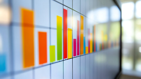 A close-up of a financial bar chart on a computer screen, showing different data categories with colorful bars, set in a modern office environment.の素材