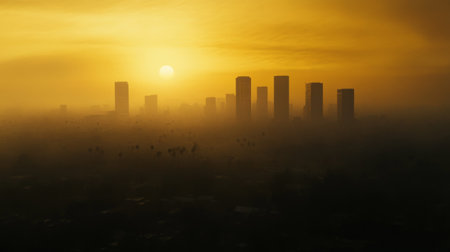 A city skyline covered in smog and haze, with the sun barely visible through the pollution, demonstrating the environmental consequences of global warming in urban areas.の素材