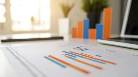 A close-up of a financial report with multiple bar charts and performance metrics, emphasizing detailed data analysis and business insights on a clean white desk.の素材