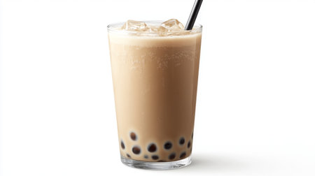 A clear glass of classic brown sugar bubble tea with visible tapioca pearls and a wide straw, placed on a white background, highlighting its creamy texture and refreshing look.の素材