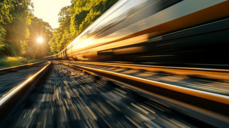 A close-up of a train speeding past on the tracks, with motion blur capturing the fast-paced movement, while the surrounding landscape remains sharp and calm.の素材