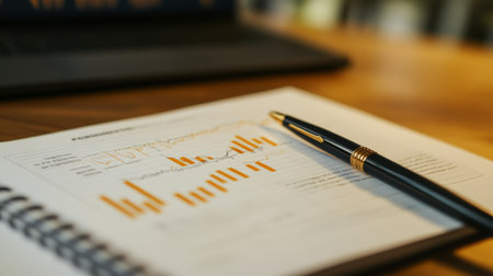 A close-up of a printed report featuring a gold price chart with data points and trend lines, placed on a desk with a pen and notebook for detailed review.の素材