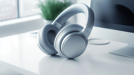 A close-up of modern wireless headphones resting on a clean white desk, with a focus on their sleek design and high-quality materials.の素材