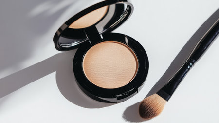 A close-up of an open compact with pressed powder and a makeup brush, set against a white background, highlighting a key component of a daily beauty routine.の素材