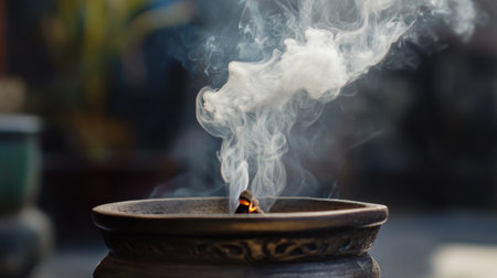A close-up of wisps of white smoke rising from a burning incense stick, swirling gently in the air, symbolizing calmness, spirituality, and meditation.の素材