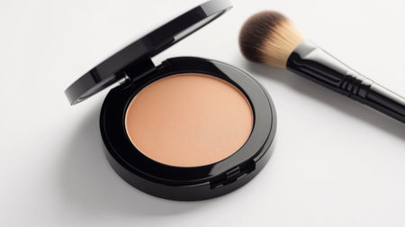 A close-up of an open compact with pressed powder and a makeup brush, set against a white background, highlighting a key component of a daily beauty routine.の素材