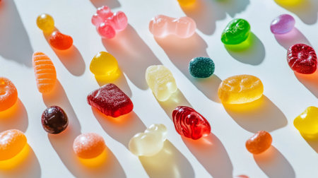 A close-up of colorful candy pieces scattered on a white surface, including gummy bears, jelly beans, and lollipops, highlighting their vibrant hues and varietyの素材
