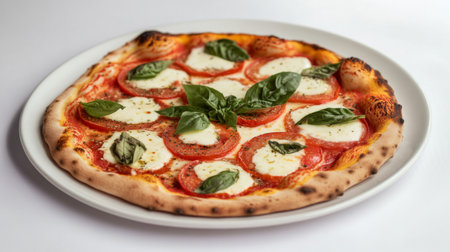 A delicious Margherita pizza topped with mozzarella, fresh tomatoes, and basil leaves, presented on a white plate with a white background for a clean, elegant look.の素材