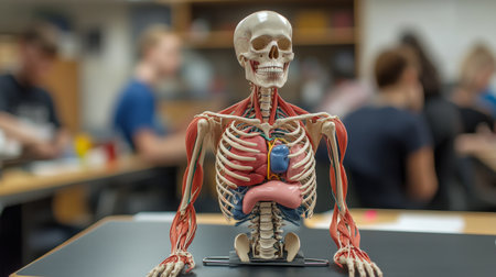 A detailed anatomical model of the human body on a classroom desk, showing organs and skeletal structure, used for educational purposes in a medical or biology setting.の素材