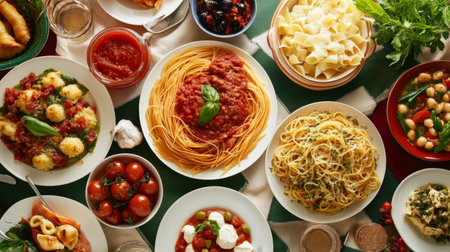 A colorful, overhead shot of a table set with different pasta dishes, including spaghetti with various sauces, highlighting a festive and varied meal.の素材