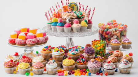 A festive candy display featuring a tiered stand with an assortment of candies and sweets, including cupcakes and candies, set against a clean white background for a party or event.の素材