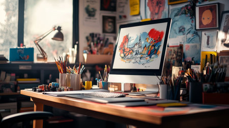 A creative workspace with a desk covered in art supplies, sketches, and a computer, showing a vibrant and inspiring area for designers or artists to work on their projects.の素材