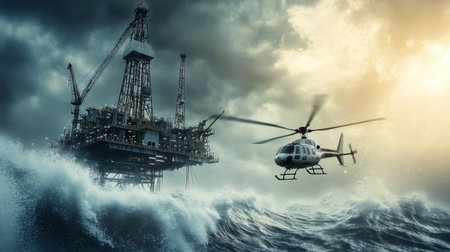 A helicopter approaching an offshore oil rig for a crew change, with waves crashing against the platform, illustrating the remote and challenging environments of oil drilling.の素材