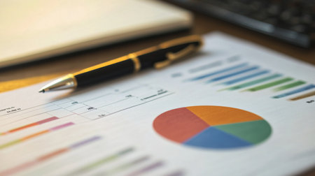 A detailed shot of a financial report featuring multiple pie charts, showing various aspects of revenue and expenses, laid out on a desk with a pen and notebook.の素材