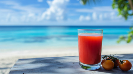 A glass of tomato juice on a beachside table with the ocean in the background, evoking a sense of relaxation and wellness during a peaceful summer vacation.の素材