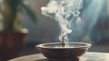 A close-up of wisps of white smoke rising from a burning incense stick, swirling gently in the air, symbolizing calmness, spirituality, and meditation.の素材