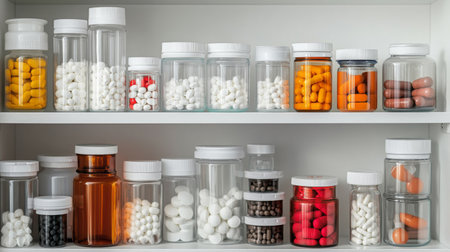A family medicine cabinet with labeled containers for various medications, neatly organized and set against a white background, showing preparation and care for health needs.の素材