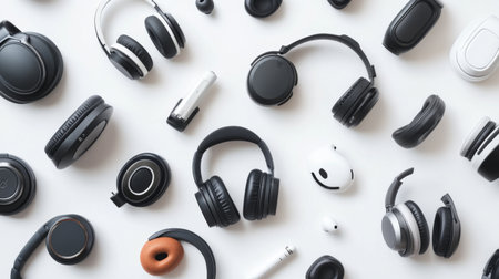 A flat lay of various types of headphones, including earbuds, over-ear, and wireless models, arranged neatly on a white background for a comprehensive display.の素材