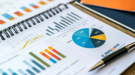 A detailed shot of a financial report featuring multiple pie charts, showing various aspects of revenue and expenses, laid out on a desk with a pen and notebook.の素材