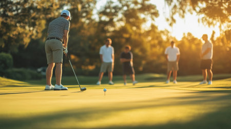 A group of friends enjoying a round of golf, with each player taking turns on the course, highlighting the social and recreational aspects of the game.の素材