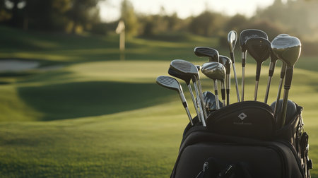 A detailed shot of a golf bag with various clubs and accessories, set against the backdrop of a golf course, emphasizing the essential gear for a successful round.の素材