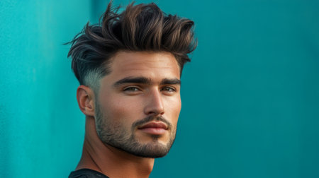 A man with a fade haircut and a stylish quiff, looking confidently at the camera, showcasing a trendy and contemporary hairstyle with sharp lines.の素材