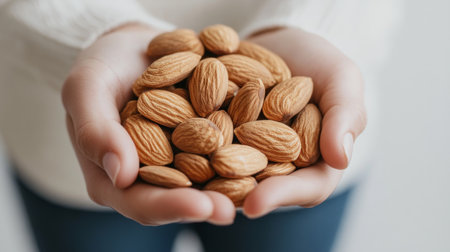 A handful of raw almonds held by a person with a white background, focusing on the natural texture and health benefits of this nutritious snack.の素材