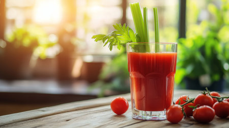 A refreshing glass of tomato juice on a wooden table, garnished with a celery stalk and cherry tomatoes, with natural light streaming in, creating a healthy and vibrant atmosphere.の素材
