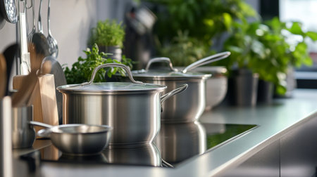 A modern kitchen countertop with a set of stainless steel pots and pans neatly arranged, showcasing their polished finish and versatile cooking capabilities.の素材