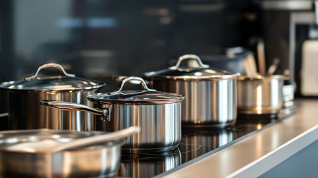 A modern kitchen countertop with a set of stainless steel pots and pans neatly arranged, showcasing their polished finish and versatile cooking capabilities.の素材