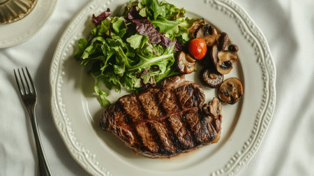 A top-down view of a steak dinner plate with a perfectly cooked steak, saut mushrooms, and a fresh green salad, presented on a white tableclothの素材