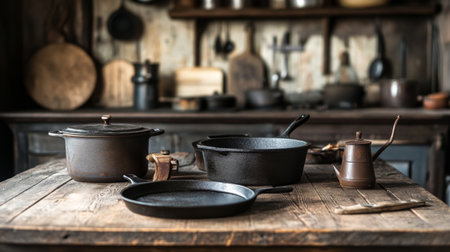 A set of cast-iron skillets and pots on a rustic wooden table, highlighting their durable design and traditional cooking style in a cozy, homey kitchen setting.の素材