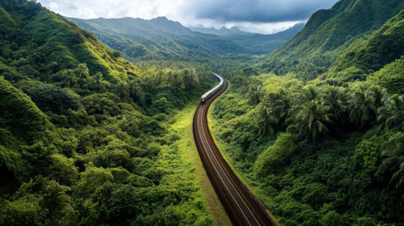 A scenic railway track cutting through lush green mountains, with a train approaching in the distance, representing travel through natural landscapes and serene environments.の素材