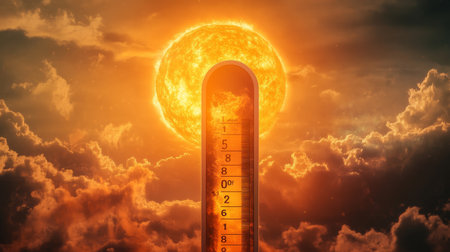 A thermometer showing extreme heat levels with a blazing sun in the background, representing the increasing global temperatures and the urgent need for action.の素材