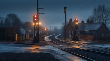 A quiet railway crossing in a small town, with the warning lights flashing and the barrier down, waiting for an approaching train, evoking a calm and everyday rural moment.の素材
