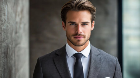 A professional man with a neatly combed back hairstyle, dressed in a business suit, highlighting a sophisticated and polished appearance.の素材