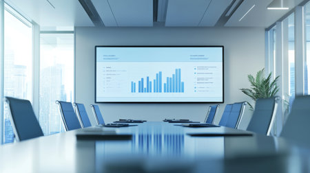 A screen displaying a comparison bar graph with multiple data sets, set in a modern conference room with a sleek design and bright lighting.の素材