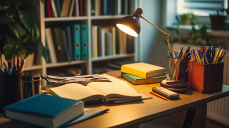 A student desk cluttered with textbooks, notebooks, and stationery, with a desk lamp casting a warm light, illustrating a focused study environment.の素材