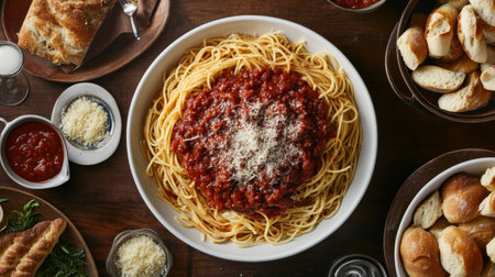 A top-down view of a family-style meal featuring a large bowl of spaghetti with marinara sauce, surrounded by serving dishes and breadsticks.の素材