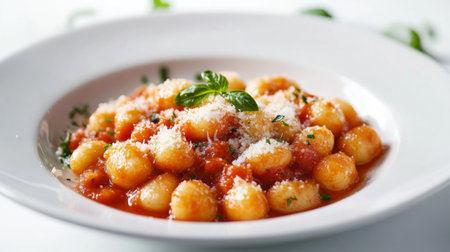 A plate of Italian gnocchi with a rich tomato sauce and a sprinkle of Parmesan cheese, set on a white background, showcasing the comforting and traditional dishの素材
