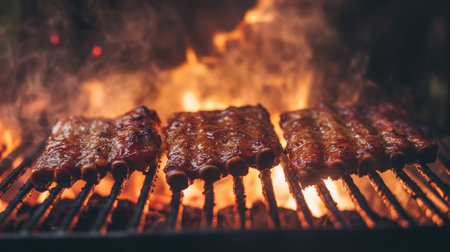 A smoky outdoor barbecue grill with pork ribs cooking slowly over low heat, surrounded by glowing coals, creating a rich, smoky aroma that fills the airの素材