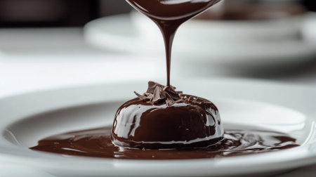 A smooth, molten chocolate sauce being drizzled over a white dessert plate, capturing the rich and glossy texture of premium chocolateの素材