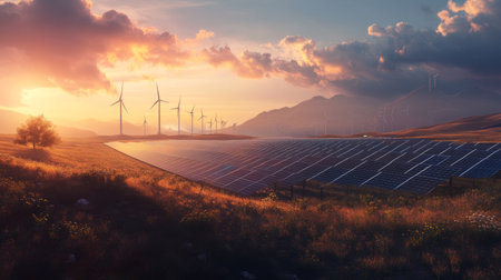 A solar farm in a rural area, rows of panels stretching across the landscape, with wind turbines in the distance, demonstrating a commitment to renewable energy sources.の素材