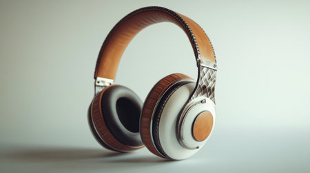 A stylish pair of retro headphones with large ear cups and a vintage design, placed on a white surface to showcase their unique aesthetic and craftsmanship.の素材