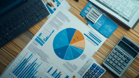 A top-down view of a desk with financial documents, including a pie chart report, a laptop, and a calculator, emphasizing a detailed analysis of financial data.の素材