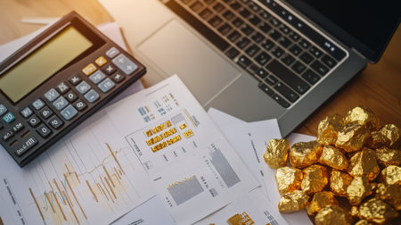 A top-down view of a desk with financial documents, including a gold price chart, a laptop, and a calculator, showcasing a focus on gold market analysis.の素材